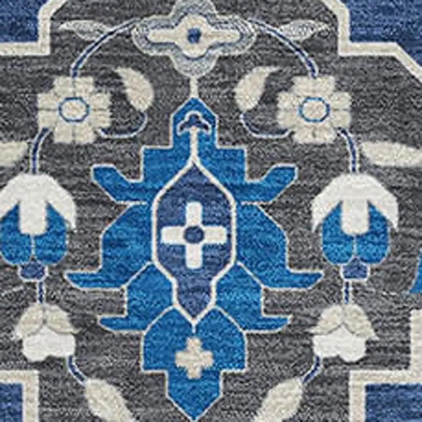 Navy Blue Ivory And Charcoal Damask Washable Area Rug With UV Protection Photo 2