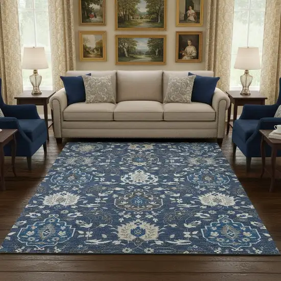 Navy Blue Ivory And Charcoal Damask Washable Area Rug With UV Protection Photo 2