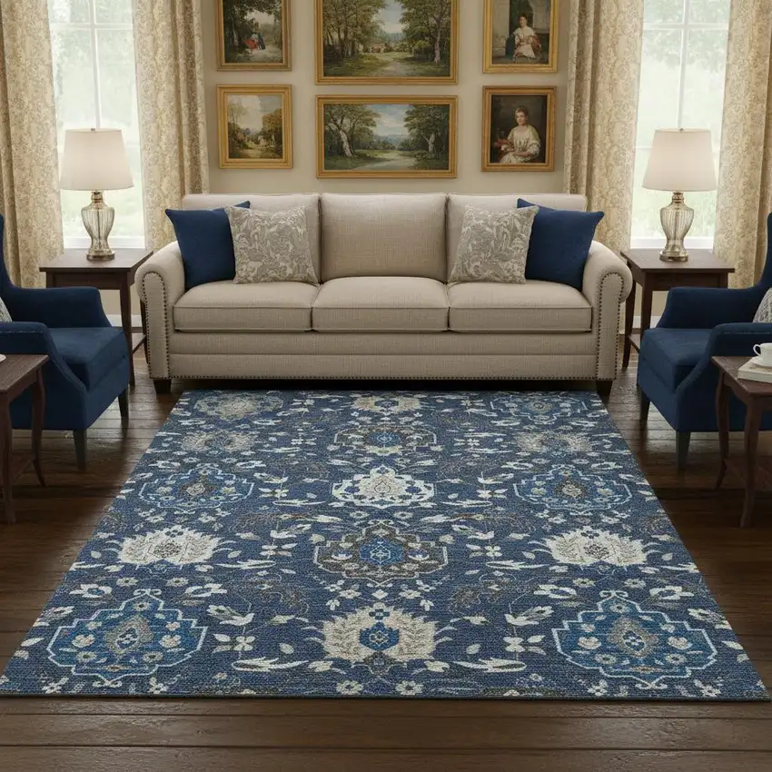 Navy Blue Ivory And Charcoal Damask Washable Area Rug With UV Protection Photo 2