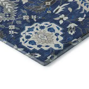 Photo of Navy Blue Ivory And Charcoal Damask Washable Area Rug With UV Protection