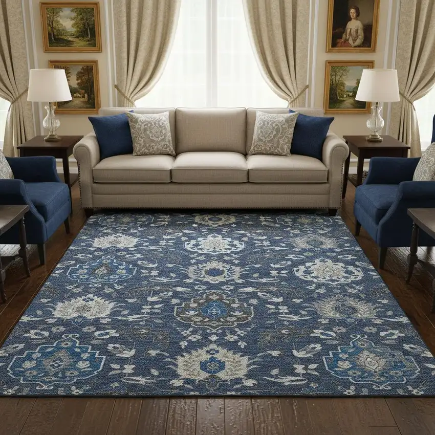 Navy Blue Ivory And Charcoal Damask Washable Area Rug With UV Protection Photo 2