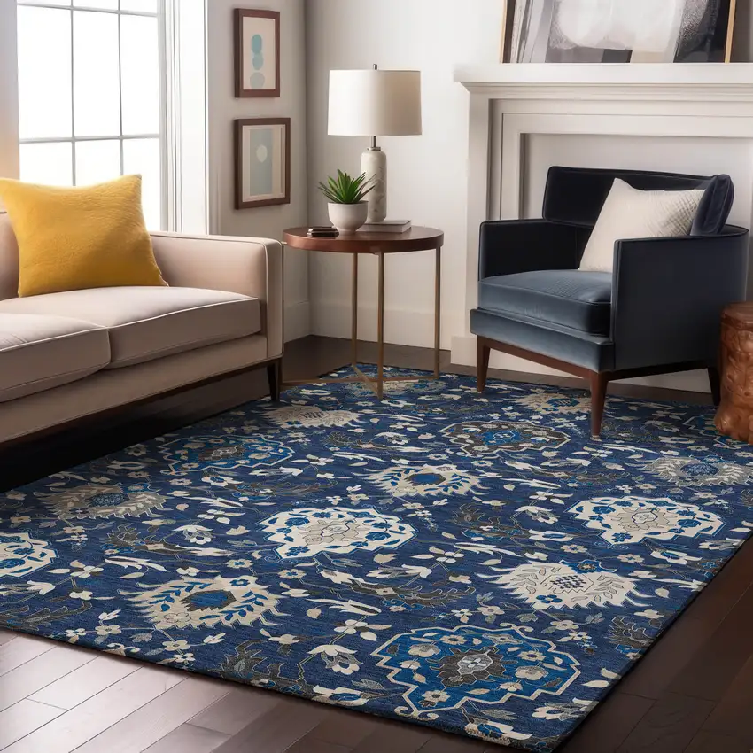 Navy Blue Ivory And Charcoal Damask Washable Area Rug With UV Protection Photo 4