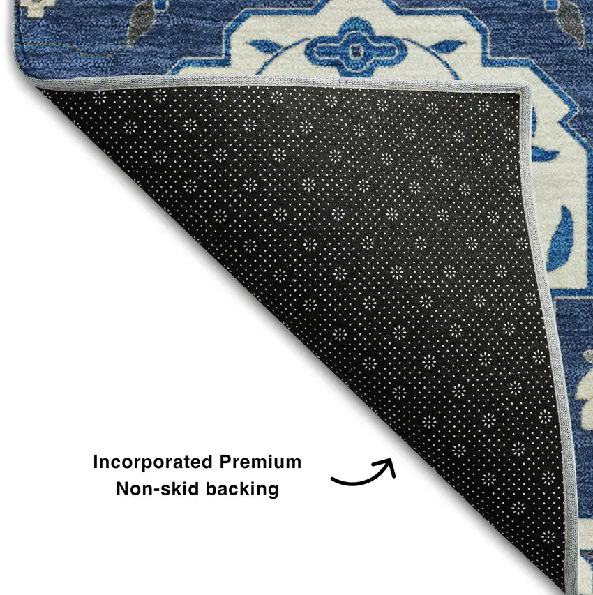 Navy Blue Ivory And Charcoal Damask Washable Area Rug With UV Protection Photo 6