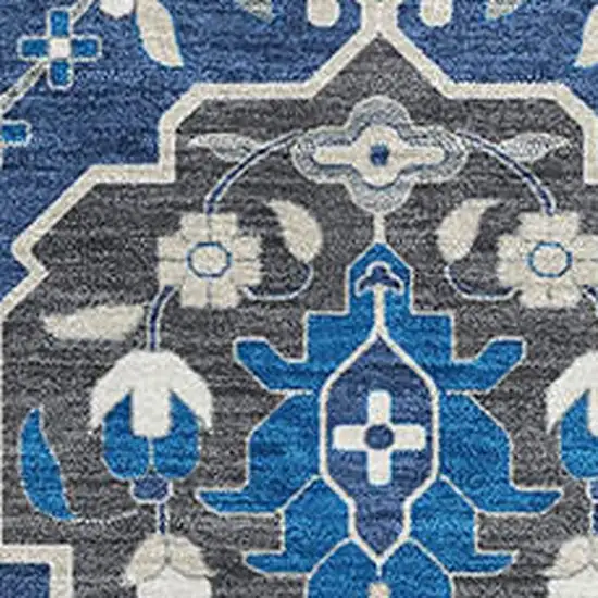 Navy Blue Ivory And Charcoal Damask Washable Area Rug With UV Protection Photo 2