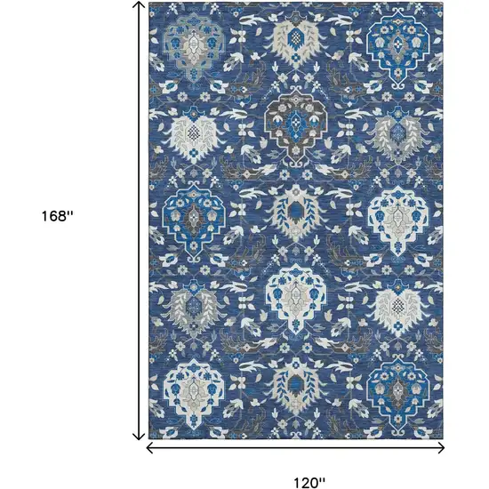 Navy Blue Ivory And Charcoal Damask Washable Area Rug With UV Protection Photo 8