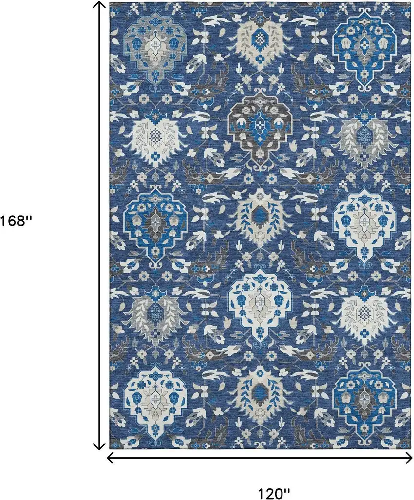 Navy Blue Ivory And Charcoal Damask Washable Area Rug With UV Protection Photo 8