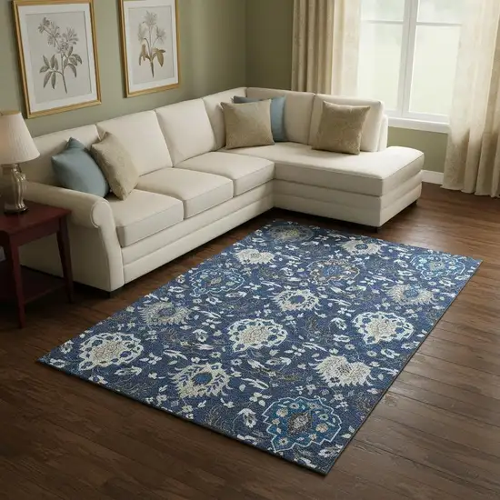 Navy Blue Ivory And Charcoal Damask Washable Area Rug With UV Protection Photo 2