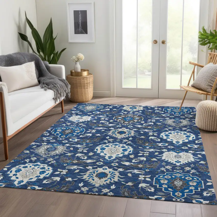 Navy Blue Ivory And Charcoal Damask Washable Area Rug With UV Protection Photo 5