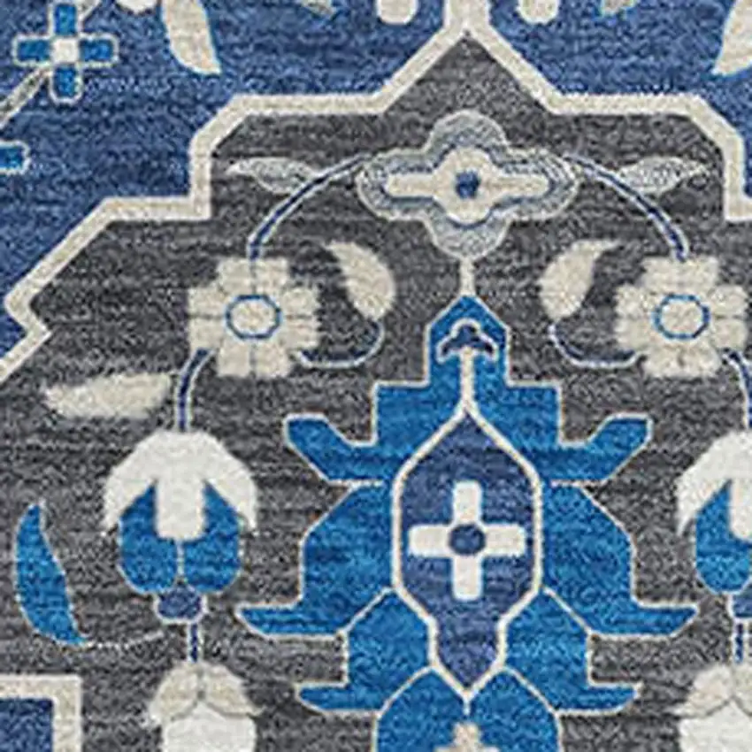 Navy Blue Ivory And Charcoal Damask Washable Area Rug With UV Protection Photo 2