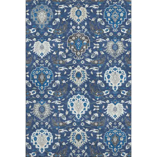Navy Blue Ivory And Charcoal Damask Washable Area Rug With UV Protection Photo 1