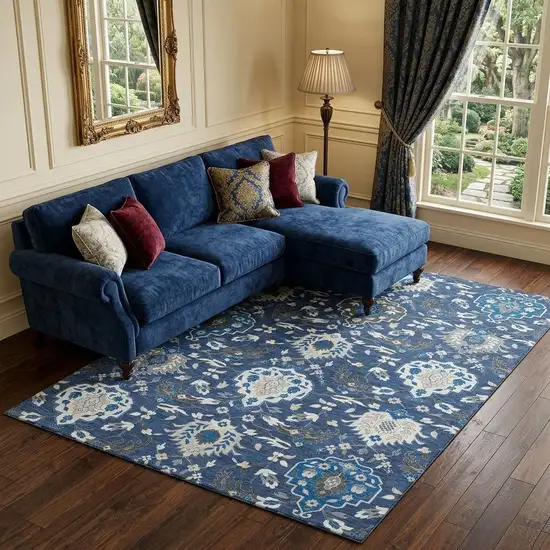 Navy Blue Ivory And Charcoal Damask Washable Area Rug With UV Protection Photo 1