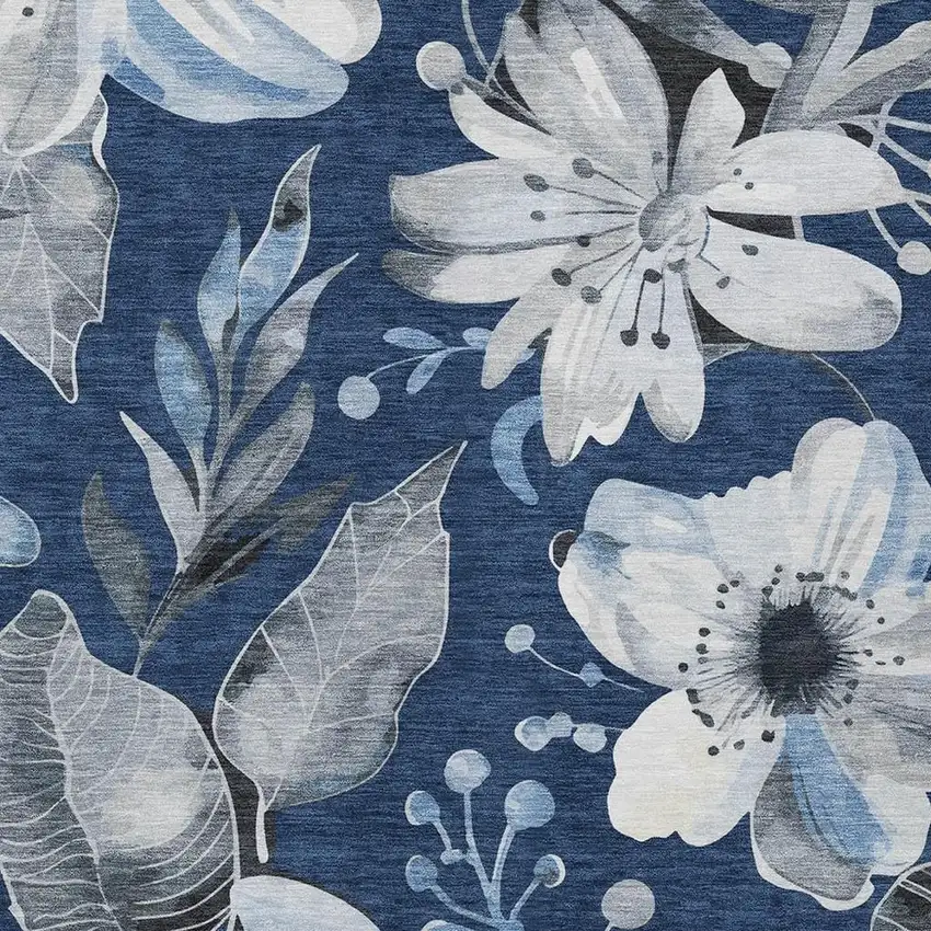 Navy Blue Ivory And Charcoal Floral Washable Indoor Outdoor Area Rug Photo 8