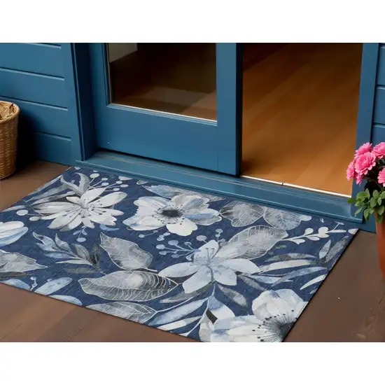 Navy Blue Ivory And Charcoal Floral Washable Indoor Outdoor Area Rug Photo 1