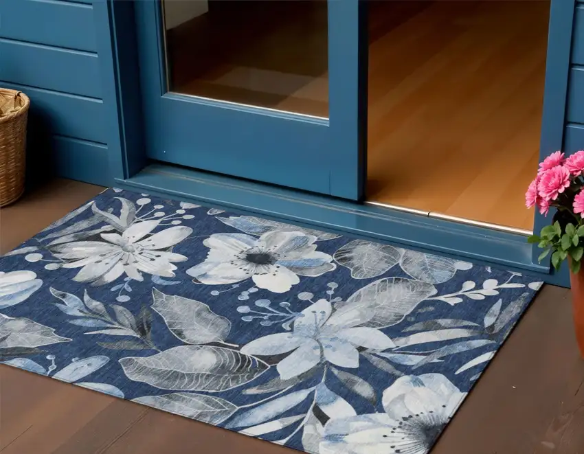 Navy Blue Ivory And Charcoal Floral Washable Indoor Outdoor Area Rug Photo 1