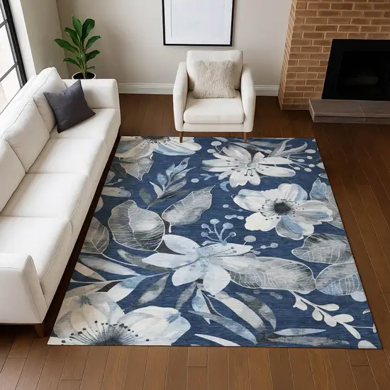 Navy Blue Ivory And Charcoal Floral Washable Indoor Outdoor Area Rug Photo 9