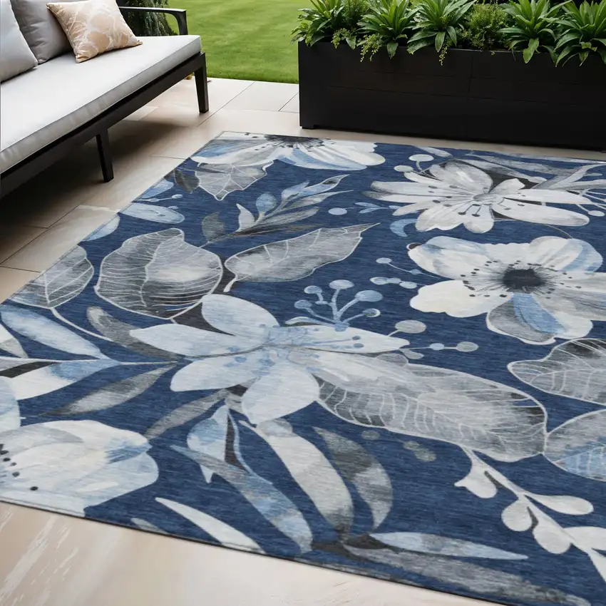 Navy Blue Ivory And Charcoal Floral Washable Indoor Outdoor Area Rug Photo 1