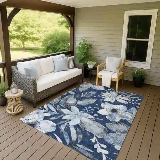 Navy Blue Ivory And Charcoal Floral Washable Indoor Outdoor Area Rug Photo 9