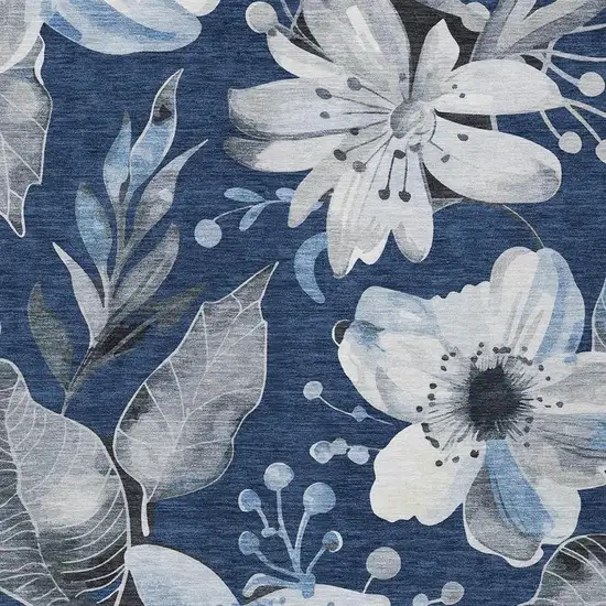 Navy Blue Ivory And Charcoal Floral Washable Indoor Outdoor Area Rug Photo 7
