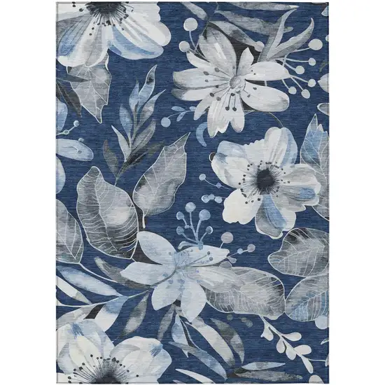 Navy Blue Ivory And Charcoal Floral Washable Indoor Outdoor Area Rug Photo 2