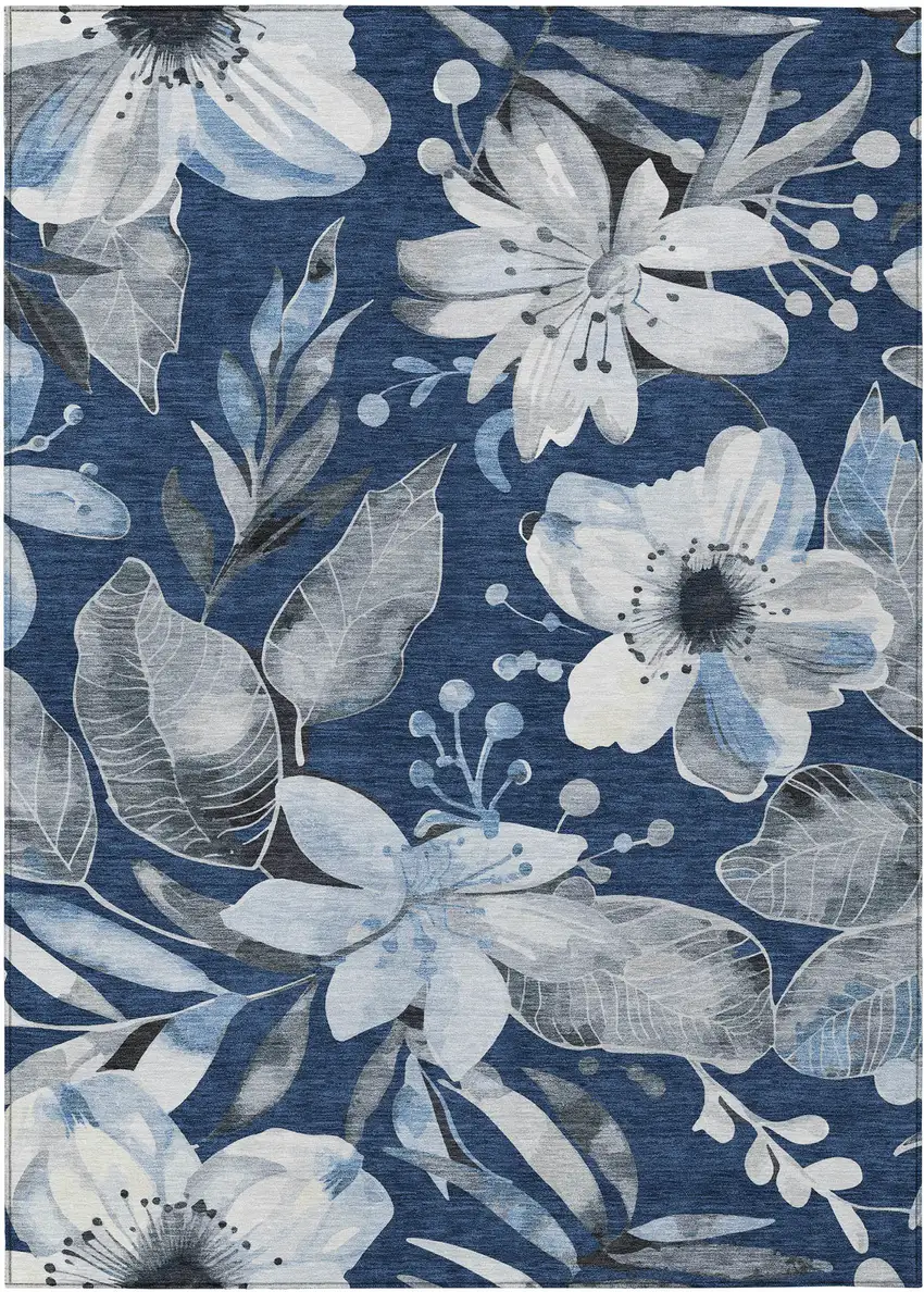 Navy Blue Ivory And Charcoal Floral Washable Indoor Outdoor Area Rug Photo 2