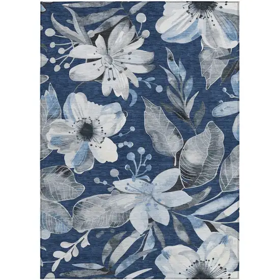 Navy Blue Ivory And Charcoal Floral Washable Indoor Outdoor Area Rug Photo 5