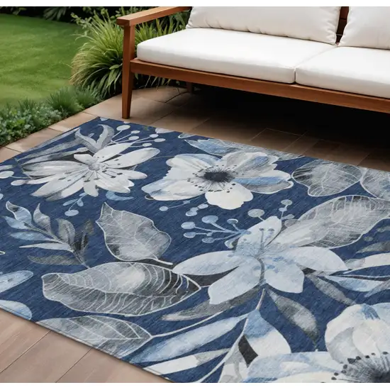 Navy Blue Ivory And Charcoal Floral Washable Indoor Outdoor Area Rug Photo 1