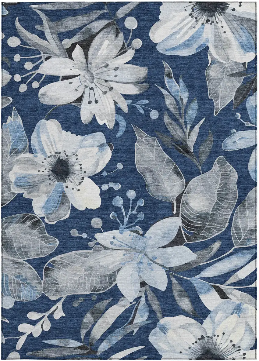 Navy Blue Ivory And Charcoal Floral Washable Indoor Outdoor Area Rug Photo 5