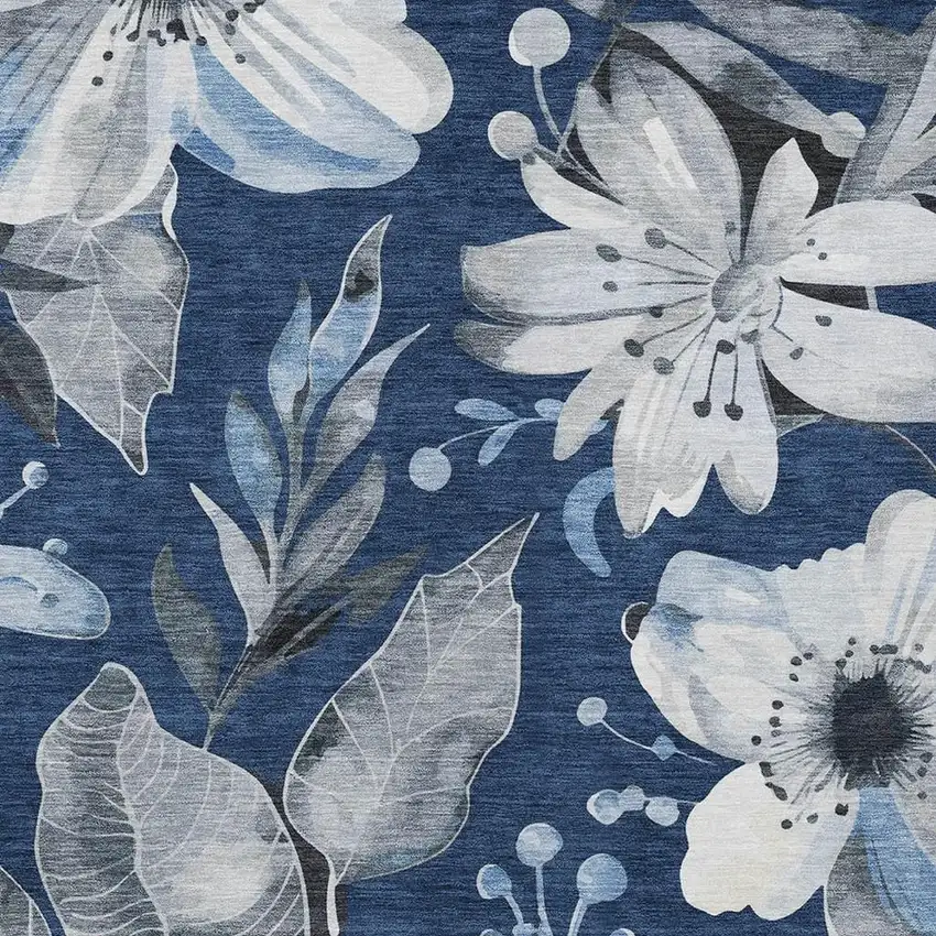 Navy Blue Ivory And Charcoal Floral Washable Indoor Outdoor Area Rug Photo 8