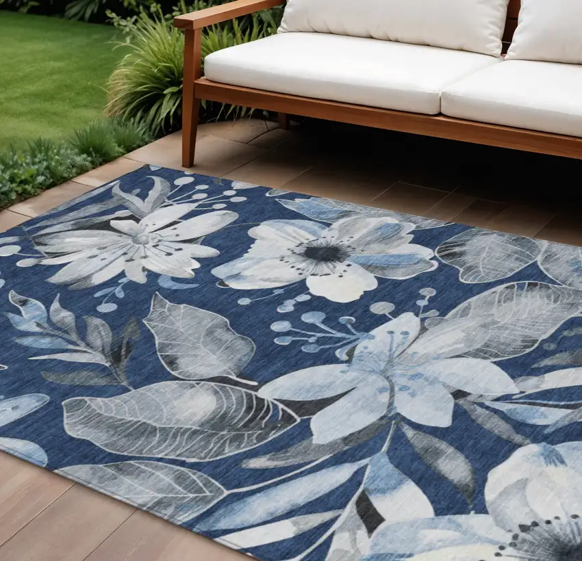 Navy Blue Ivory And Charcoal Floral Washable Indoor Outdoor Area Rug Photo 1