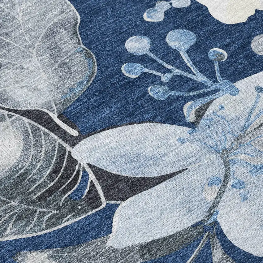 Navy Blue Ivory And Charcoal Floral Washable Indoor Outdoor Area Rug Photo 9