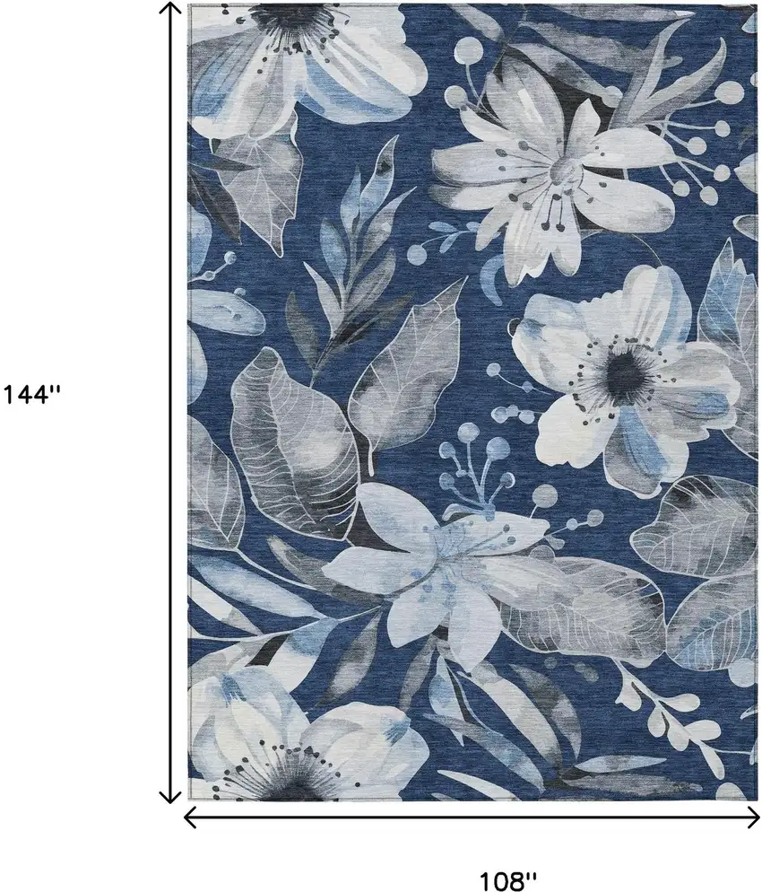 Navy Blue Ivory And Charcoal Floral Washable Indoor Outdoor Area Rug Photo 3