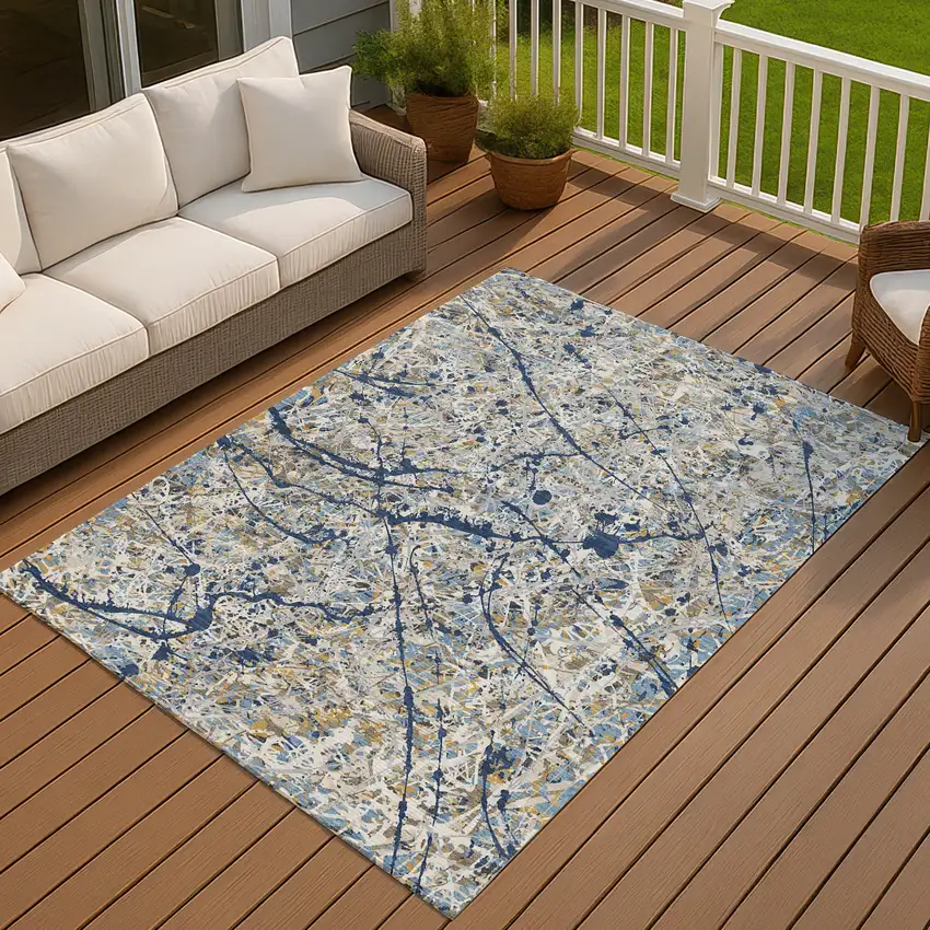 Navy Blue Ivory And Copper Abstract Washable Indoor Outdoor Area Rug Photo 2
