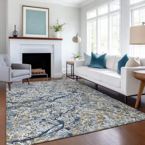 Navy Blue Ivory And Copper Abstract Washable Indoor Outdoor Area Rug Photo 4