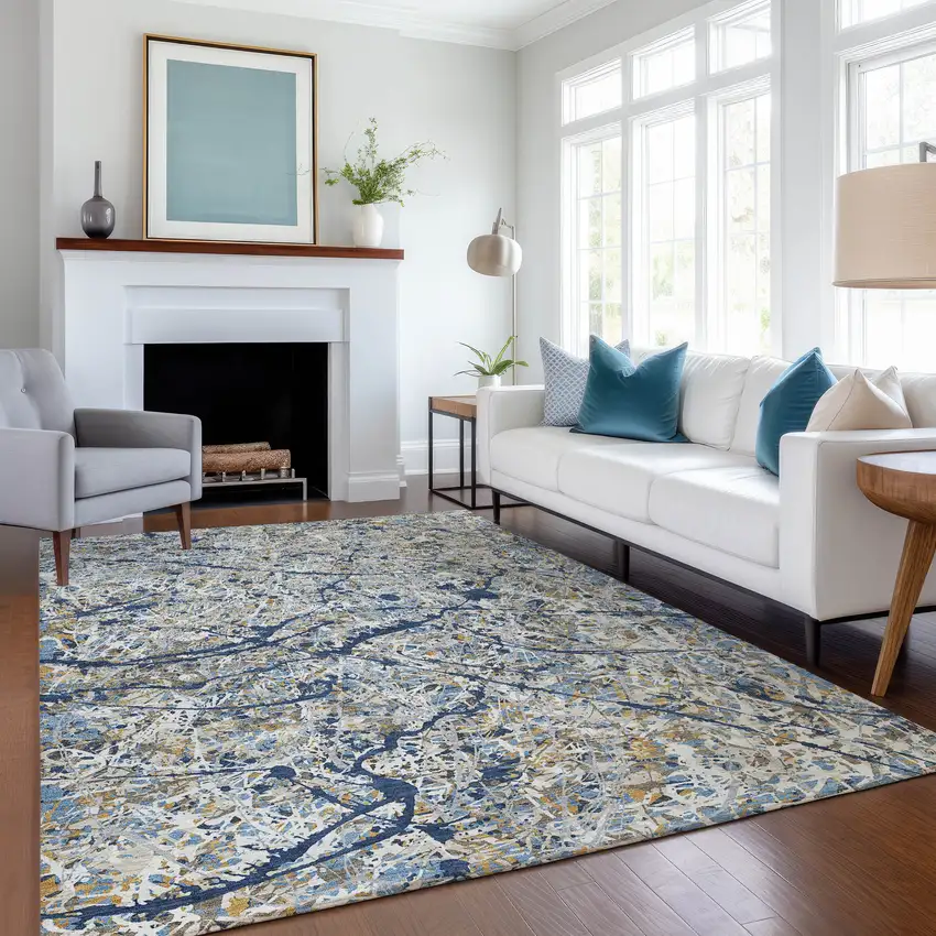 Navy Blue Ivory And Copper Abstract Washable Indoor Outdoor Area Rug Photo 4