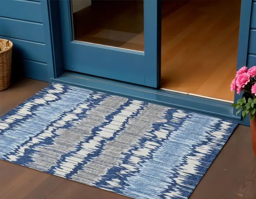 Navy Blue Ivory And Denim Blue Striped Washable Indoor Outdoor Area Rug Photo 1