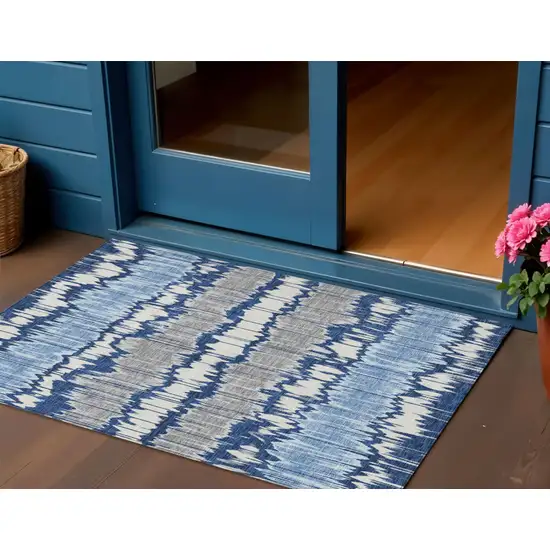 Navy Blue Ivory And Denim Blue Striped Washable Indoor Outdoor Area Rug Photo 1