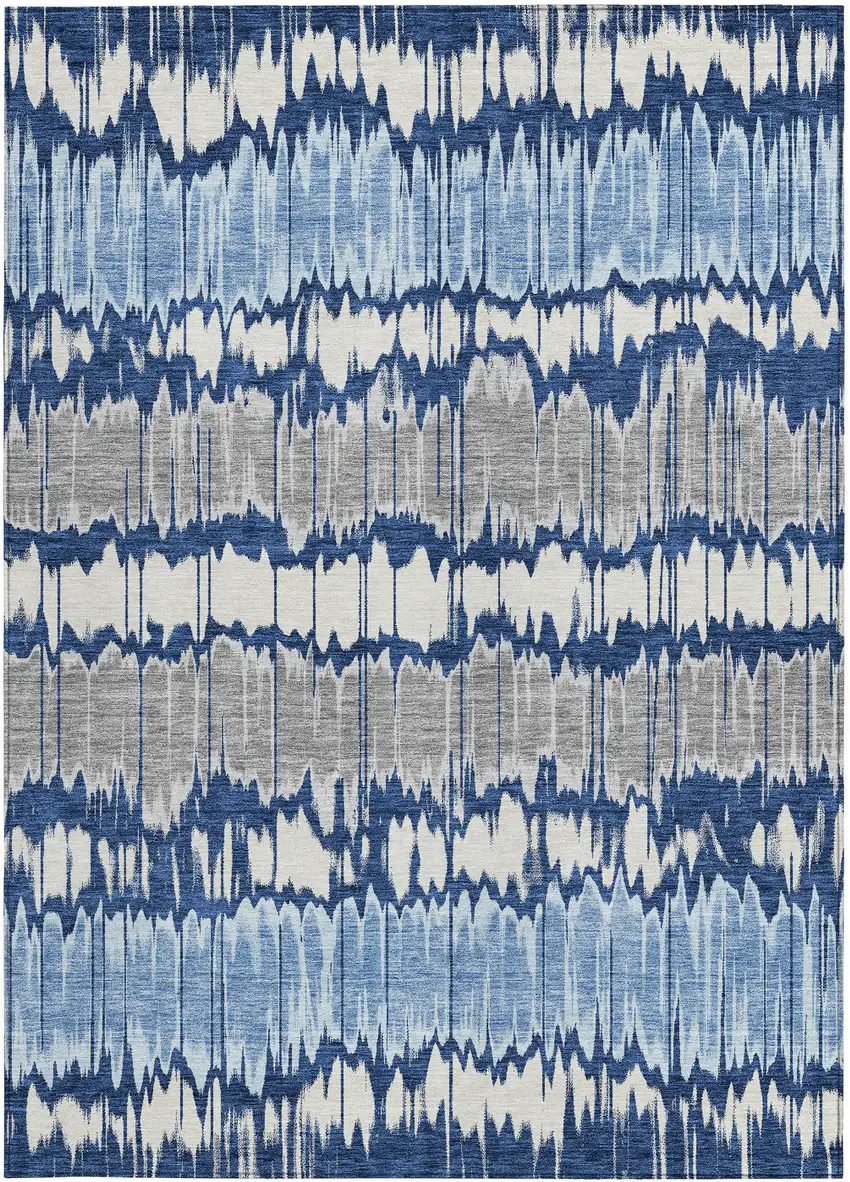 Navy Blue Ivory And Denim Blue Striped Washable Indoor Outdoor Area Rug Photo 5