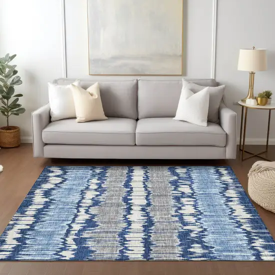Navy Blue Ivory And Denim Blue Striped Washable Indoor Outdoor Area Rug Photo 8