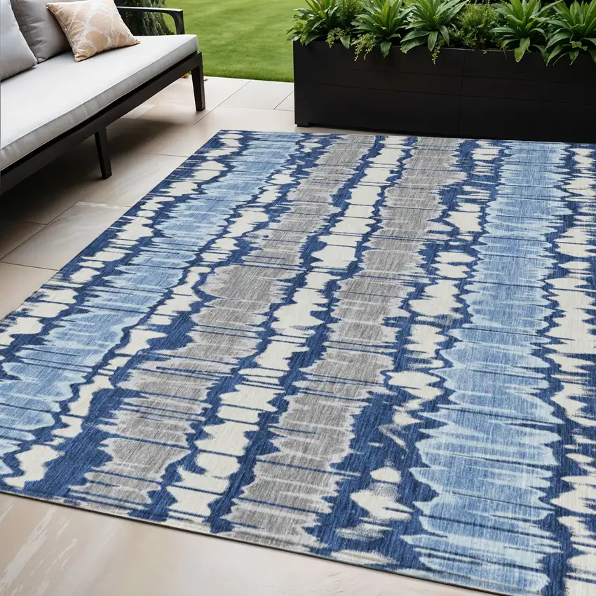 Navy Blue Ivory And Denim Blue Striped Washable Indoor Outdoor Area Rug Photo 1