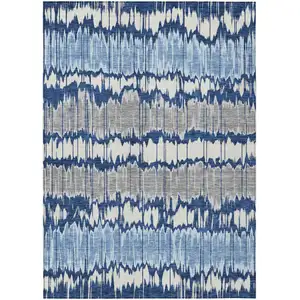 Photo of Navy Blue Ivory And Denim Blue Striped Washable Indoor Outdoor Area Rug