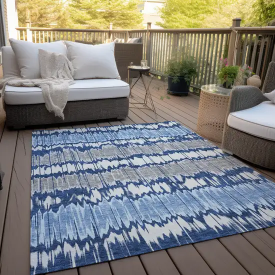 Navy Blue Ivory And Denim Blue Striped Washable Indoor Outdoor Area Rug Photo 9