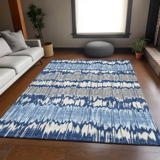 Navy Blue Ivory And Denim Blue Striped Washable Indoor Outdoor Area Rug Photo 7