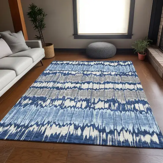 Navy Blue Ivory And Denim Blue Striped Washable Indoor Outdoor Area Rug Photo 7