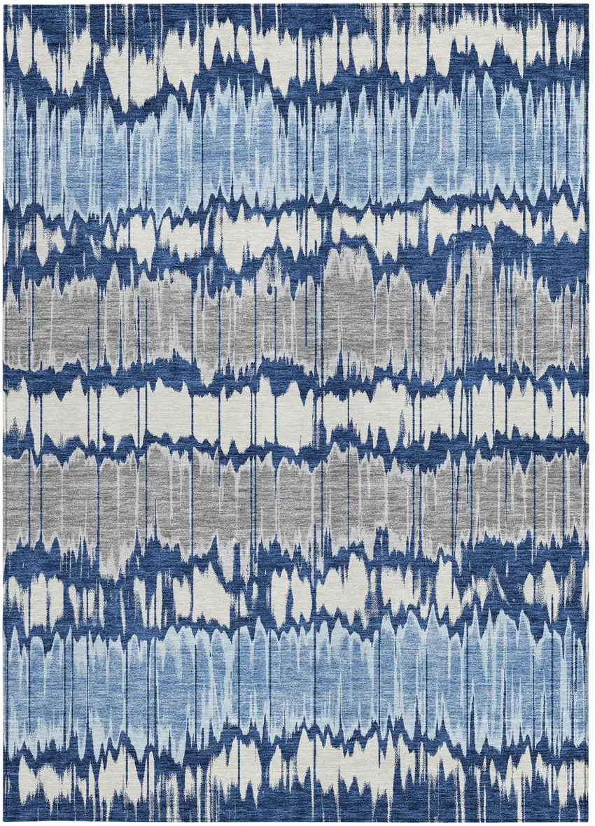 Navy Blue Ivory And Denim Blue Striped Washable Indoor Outdoor Area Rug Photo 5