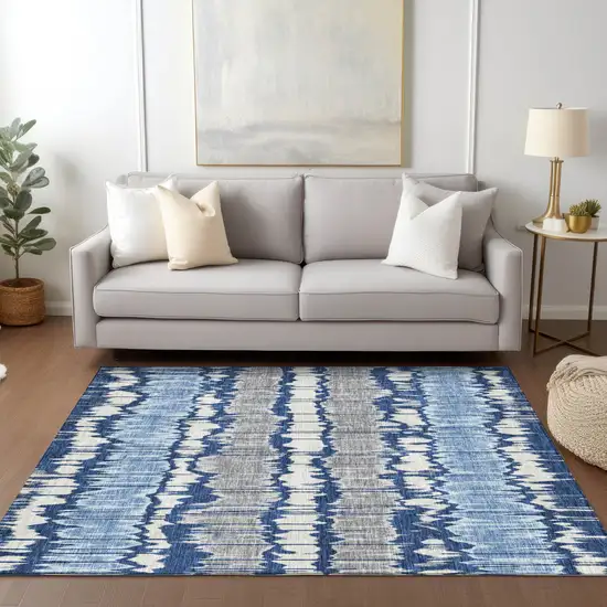 Navy Blue Ivory And Denim Blue Striped Washable Indoor Outdoor Area Rug Photo 8