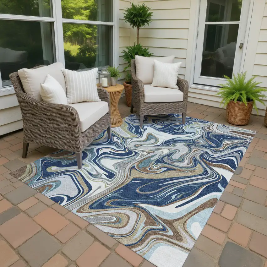 Navy Blue Ivory And Gold Abstract Washable Indoor Outdoor Area Rug Photo 4