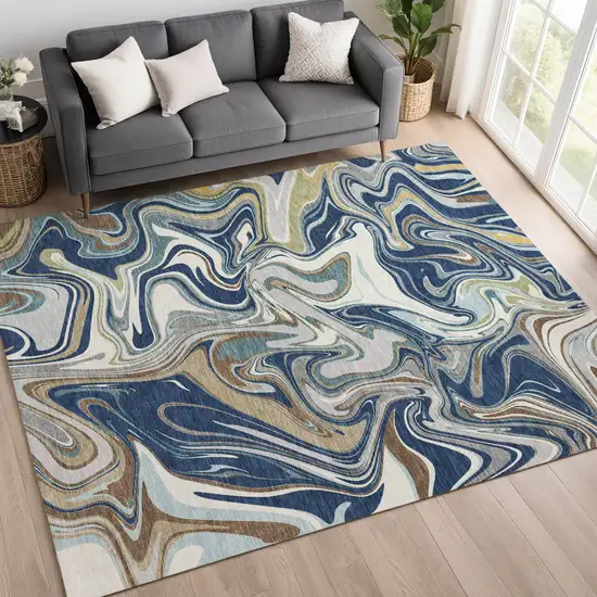 Navy Blue Ivory And Gold Abstract Washable Indoor Outdoor Area Rug Photo 5