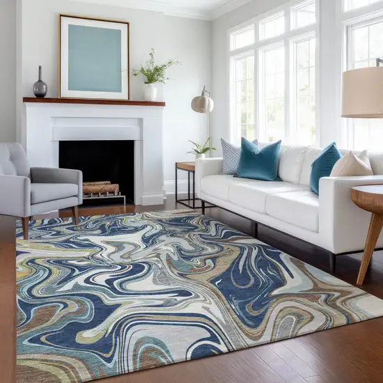 Navy Blue Ivory And Gold Abstract Washable Indoor Outdoor Area Rug Photo 6