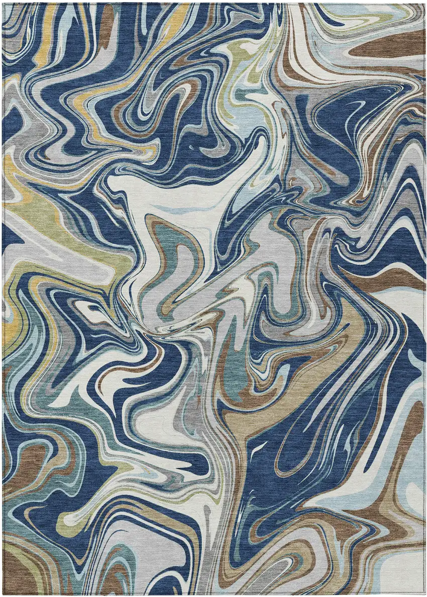 Navy Blue Ivory And Gold Abstract Washable Indoor Outdoor Area Rug Photo 9