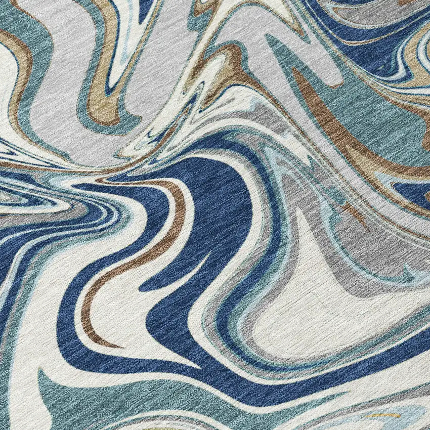 Navy Blue Ivory And Gold Abstract Washable Indoor Outdoor Area Rug Photo 1